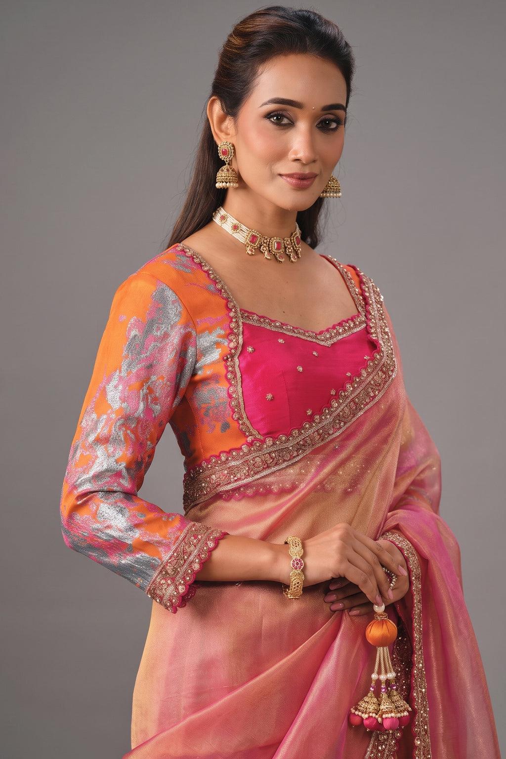 Pink Organza Satin Saree with Sequin & Cutdana Handwork