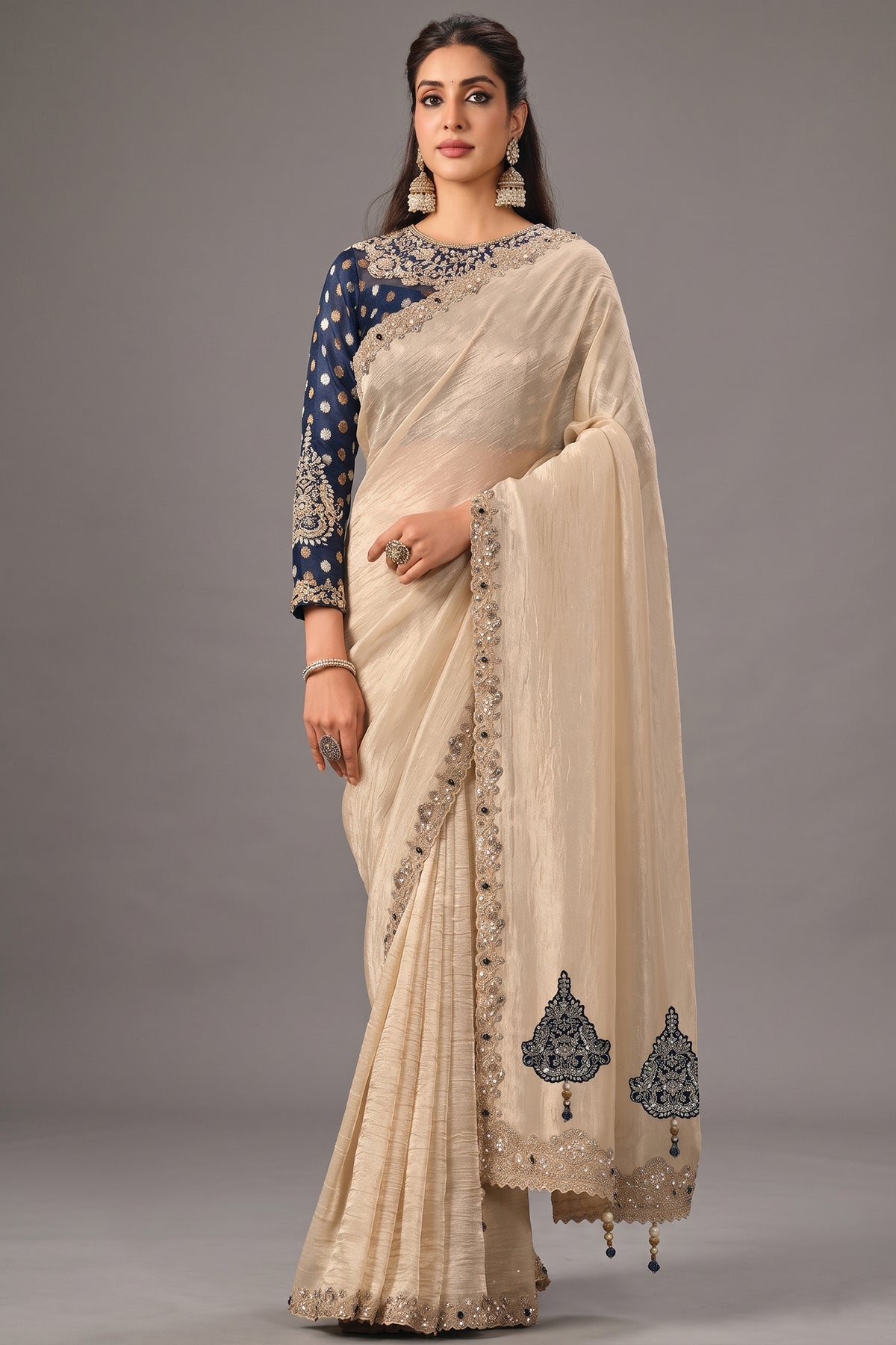 Light Beige Crush Tissue Saree with Dual Sequin Embroidery