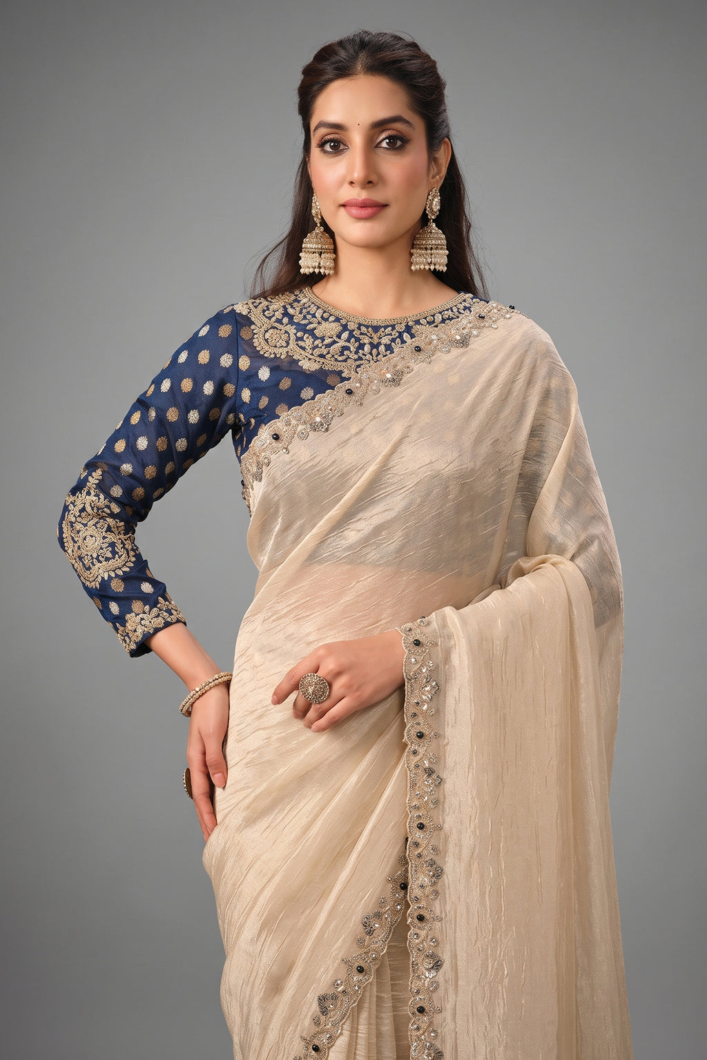 Light Beige Crush Tissue Saree with Dual Sequin Embroidery