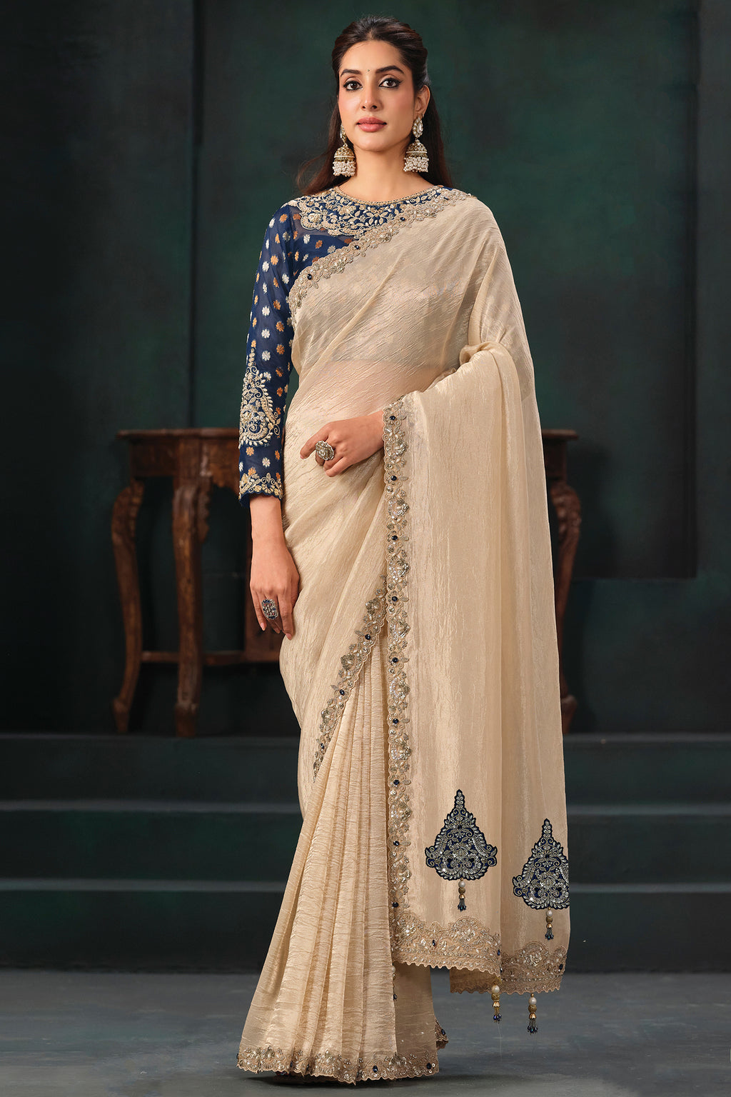 Light Beige Crush Tissue Saree with Dual Sequin Embroidery
