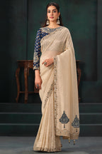 Light Beige Crush Tissue Saree with Dual Sequin Embroidery