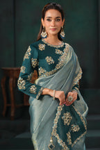 Metallic Grey Self Jacquard Organza Saree Floral Sequin Embroidery
