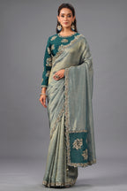 Metallic Grey Self Jacquard Organza Saree Floral Sequin Embroidery
