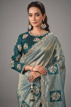 Metallic Grey Self Jacquard Organza Saree Floral Sequin Embroidery