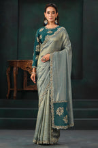 Metallic Grey Self Jacquard Organza Saree Floral Sequin Embroidery
