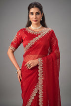 Crimson Red Jacquard Organza Saree with Zardozi Sequin Embroidery