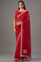 Crimson Red Jacquard Organza Saree with Zardozi Sequin Embroidery