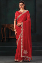Crimson Red Jacquard Organza Saree with Zardozi Sequin Embroidery