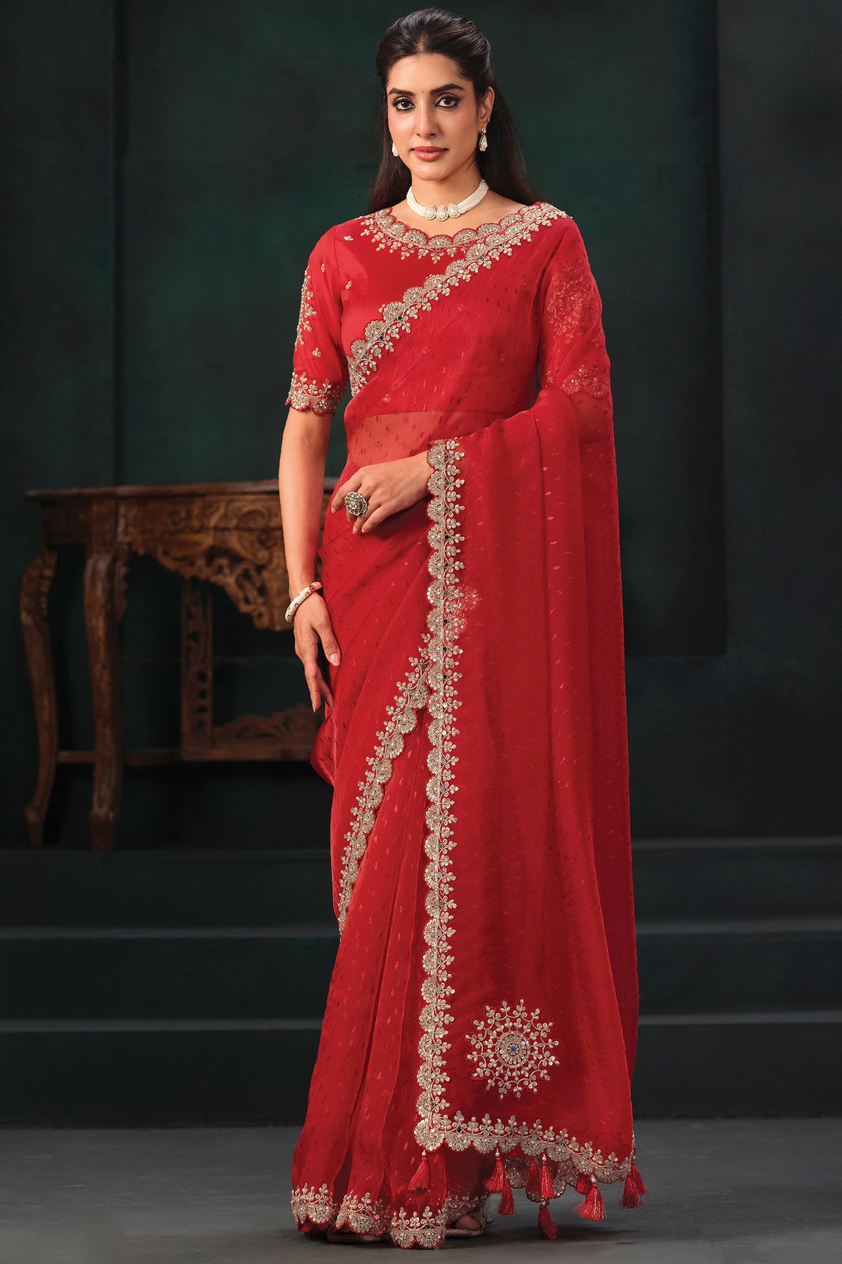Crimson Red Jacquard Organza Saree with Zardozi Sequin Embroidery