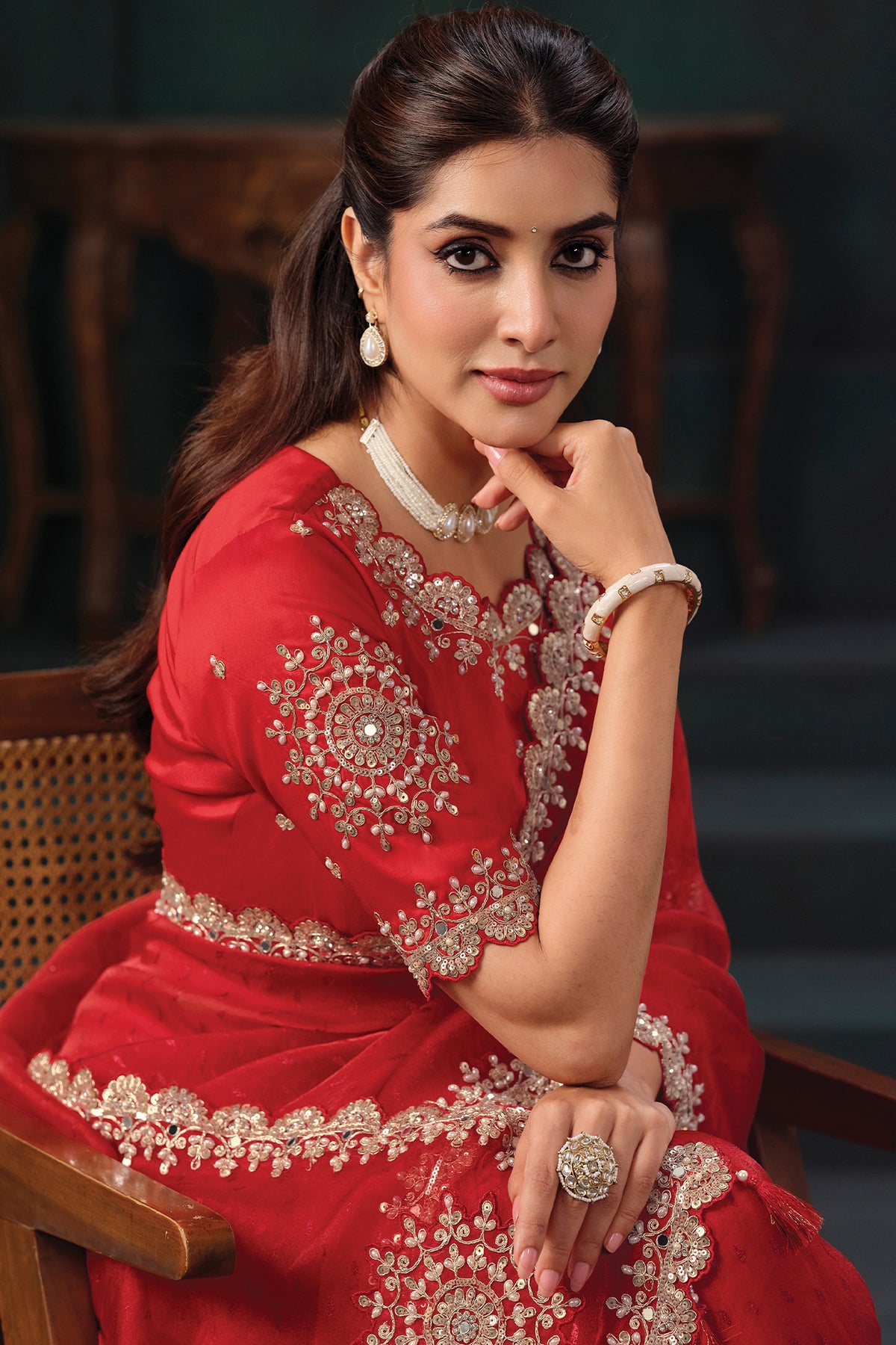 Crimson Red Jacquard Organza Saree with Zardozi Sequin Embroidery