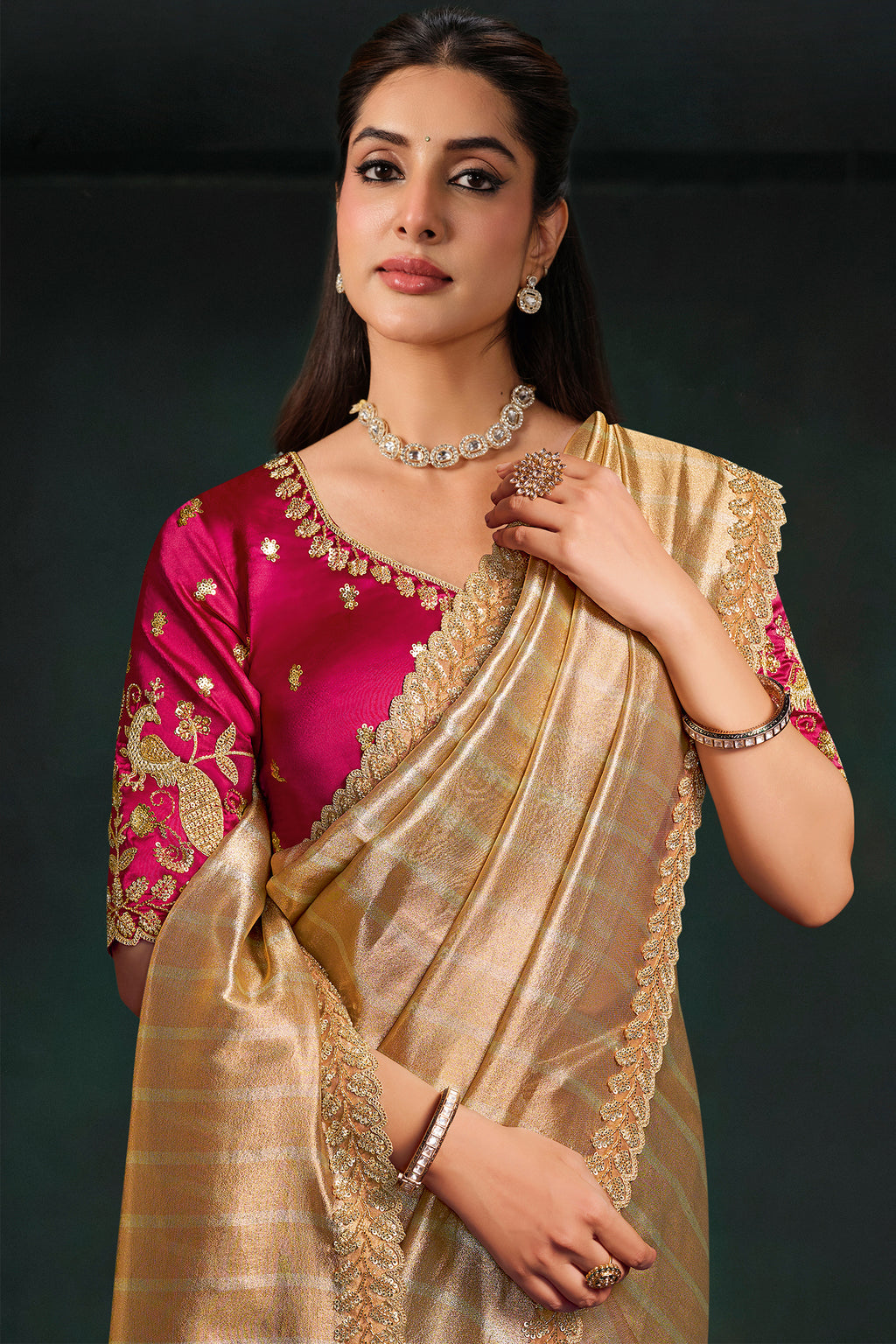 Light Golden Kanjivaram Tissue Saree Traditional Motif Highlights and Beads Work