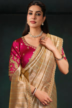 Light Golden Kanjivaram Tissue Saree Traditional Motif Highlights and Beads Work