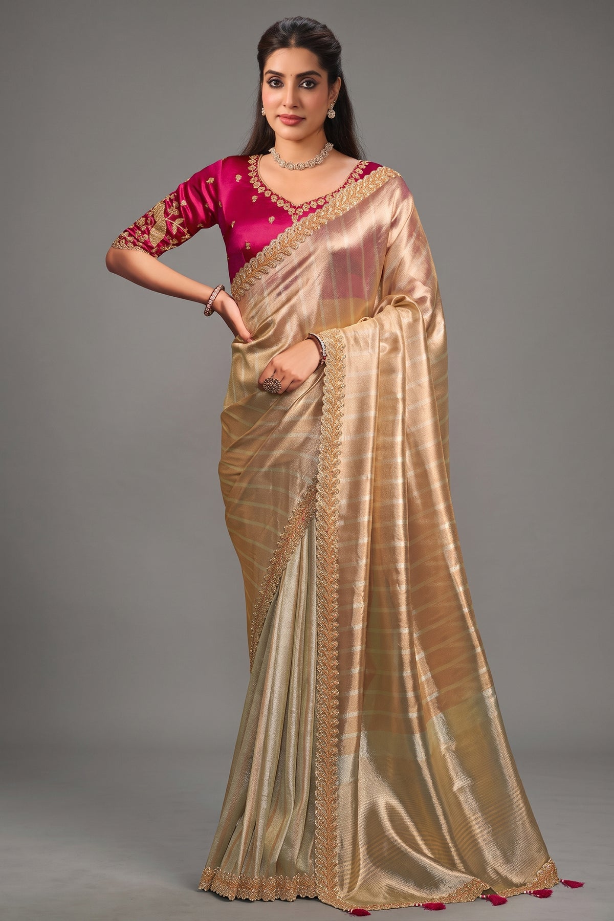 Light Golden Kanjivaram Tissue Saree Traditional Motif Highlights and Beads Work