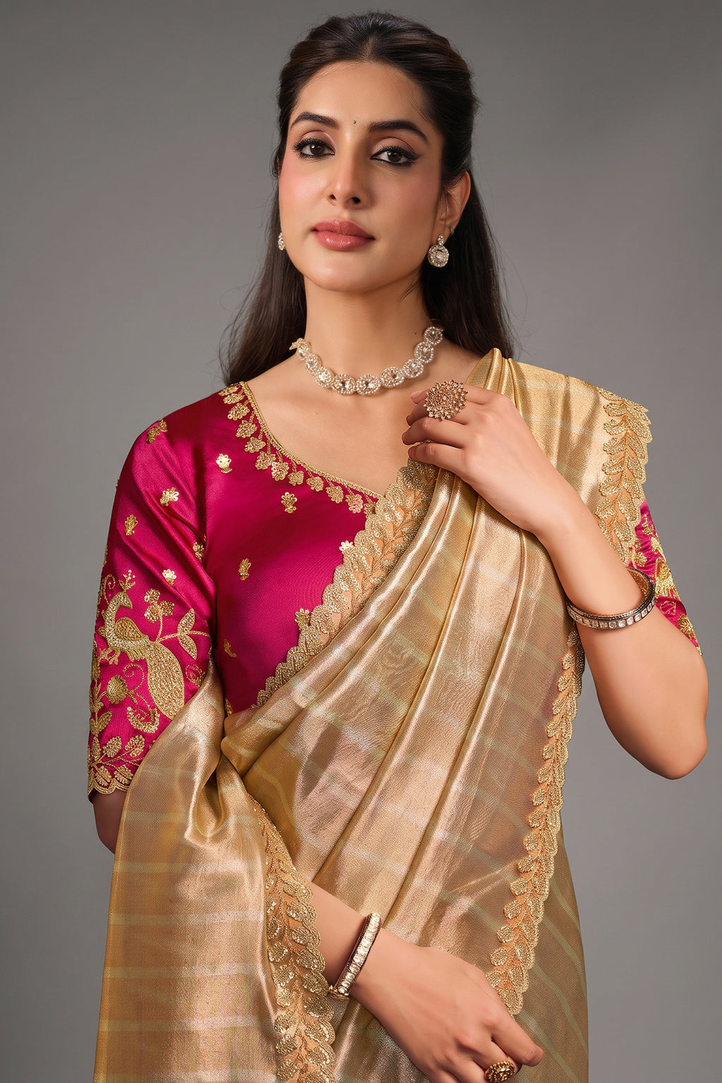 Light Golden Kanjivaram Tissue Saree Traditional Motif Highlights and Beads Work