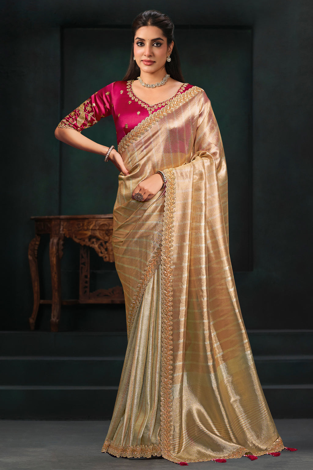 Light Golden Kanjivaram Tissue Saree Traditional Motif Highlights and Beads Work