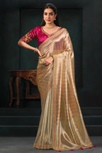 Light Golden Kanjivaram Tissue Saree Traditional Motif Highlights and Beads Work