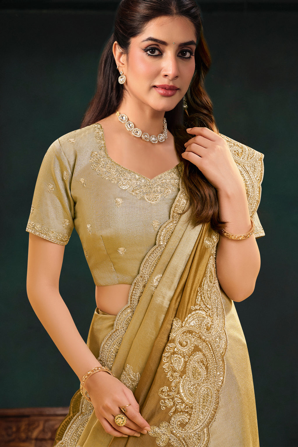 Metallic Golden Kora Silk Saree with Sequins & Beads Scallops