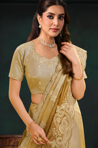 Metallic Golden Kora Silk Saree with Sequins & Beads Scallops