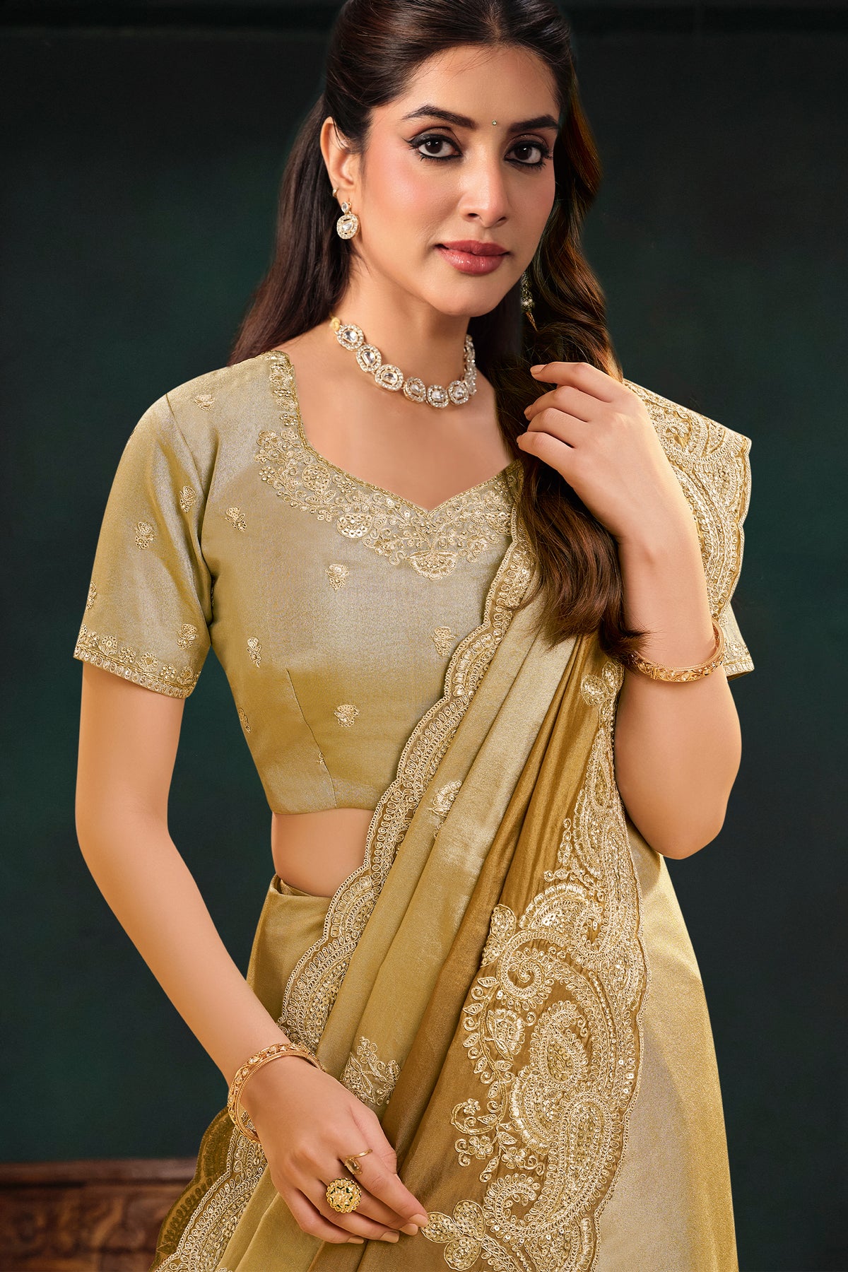 Metallic Golden Kora Silk Saree with Sequins & Beads Scallops