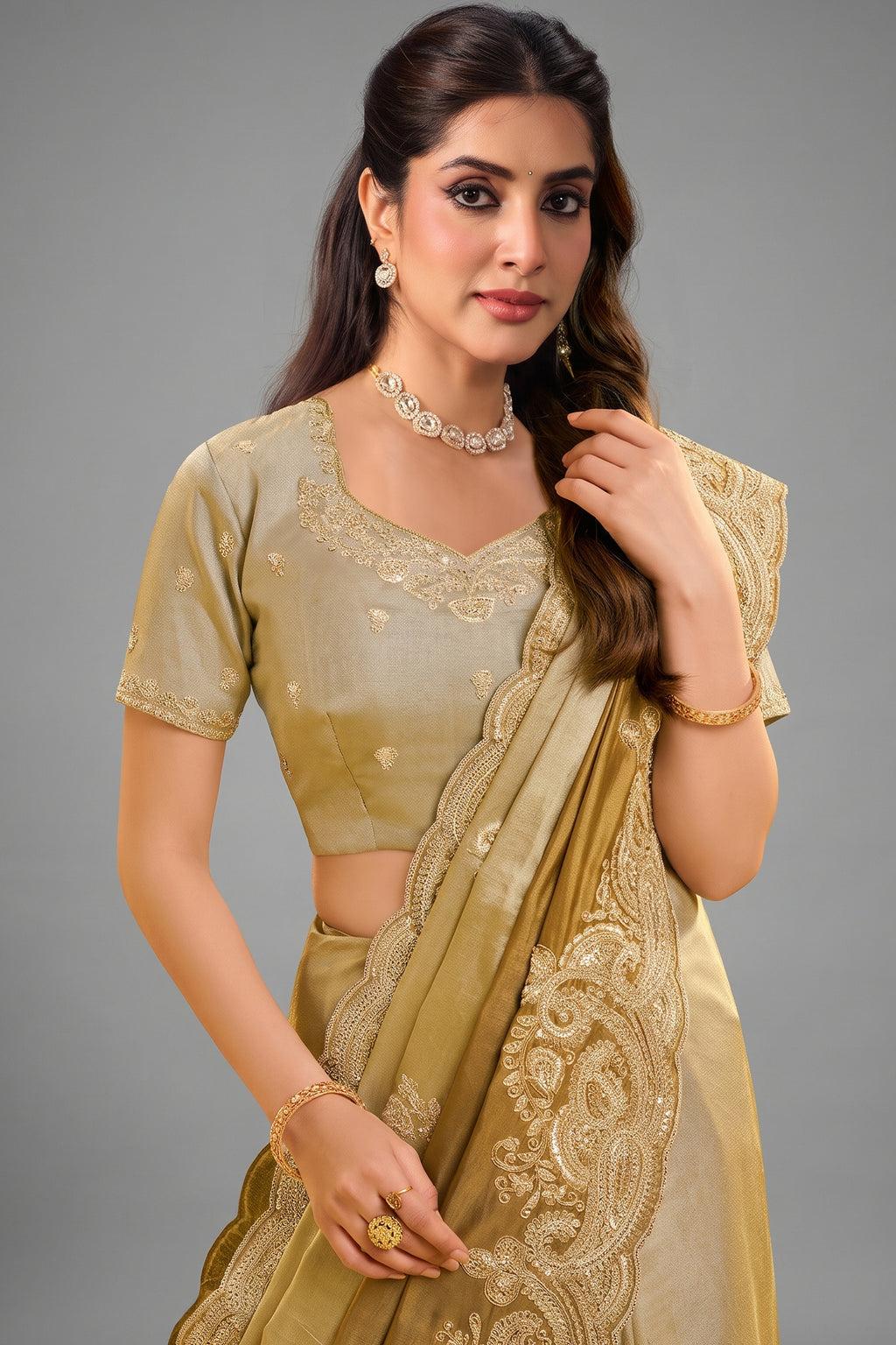 Metallic Golden Kora Silk Saree with Sequins & Beads Scallops