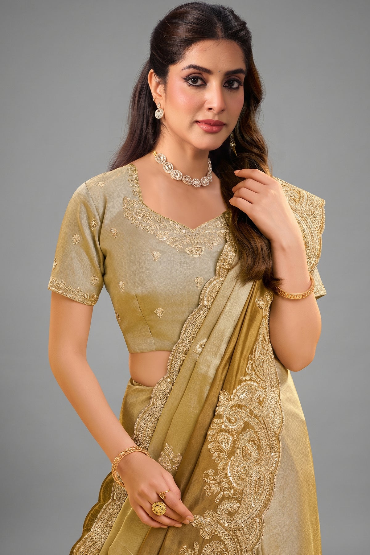 Metallic Golden Kora Silk Saree with Sequins & Beads Scallops