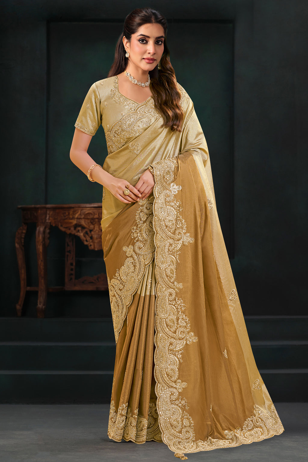 Metallic Golden Kora Silk Saree with Sequins & Beads Scallops