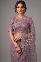 Light Purple Velvet Texture Net Saree with Sequin Embroidery