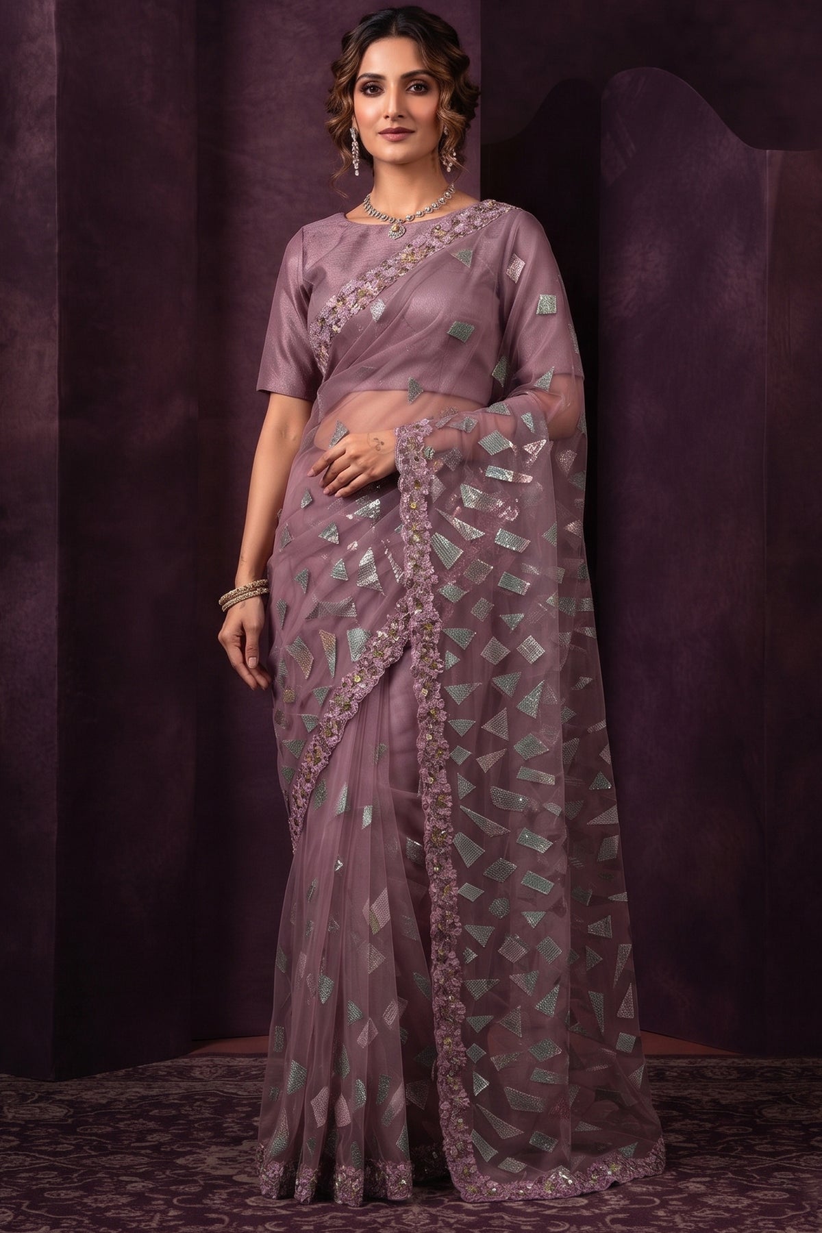 Light Purple Velvet Texture Net Saree with Sequin Embroidery