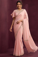 Peach Crepe Satin Silk Saree Handwork and Sequins Detailing