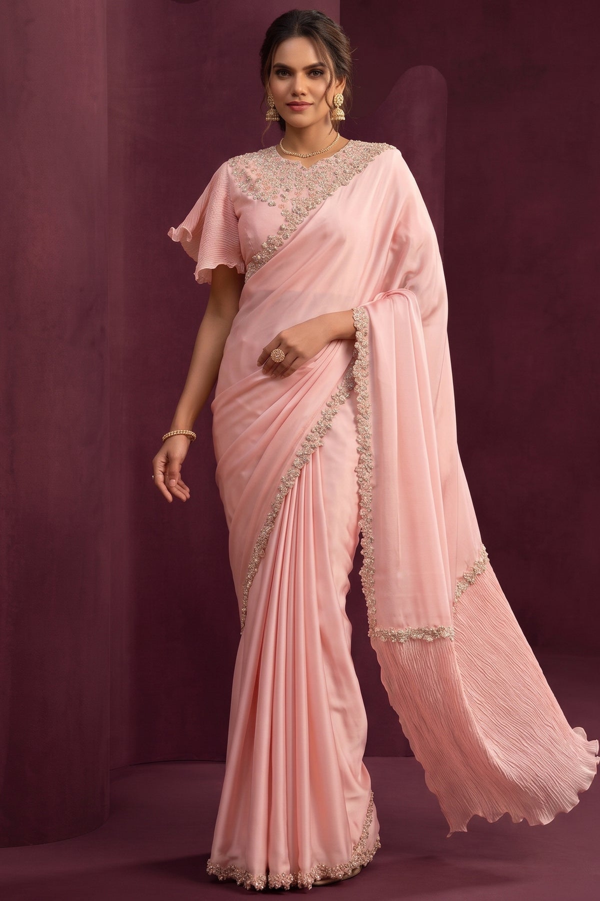 Peach Crepe Satin Silk Saree Handwork and Sequins Detailing