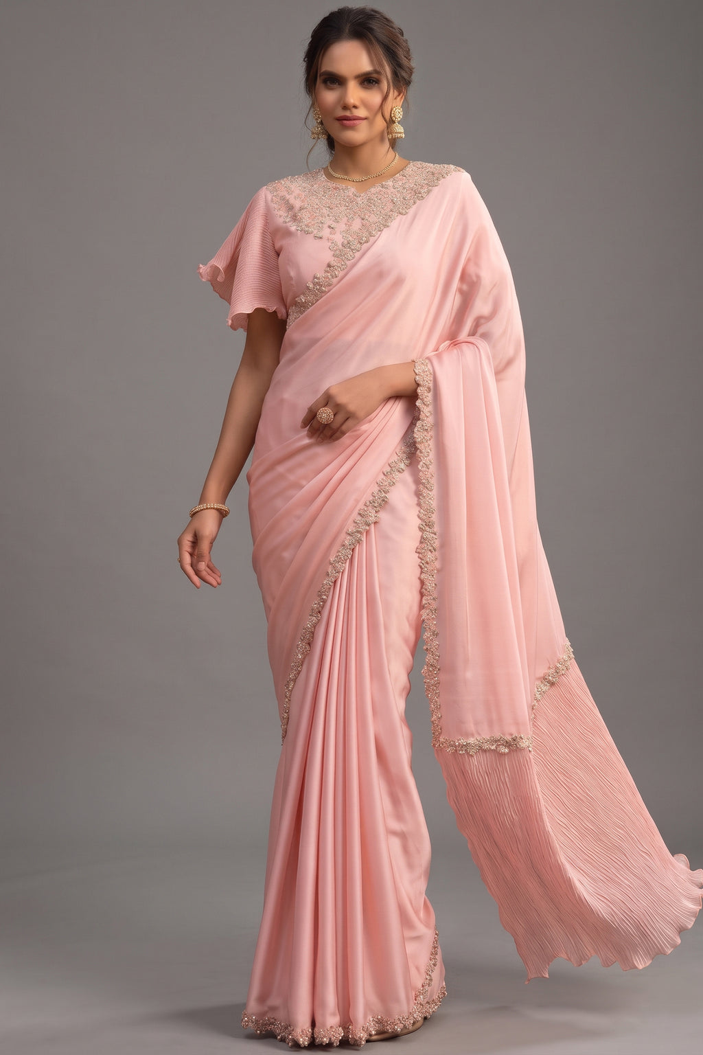 Peach Crepe Satin Silk Saree Handwork and Sequins Detailing
