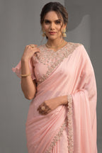 Peach Crepe Satin Silk Saree Handwork and Sequins Detailing