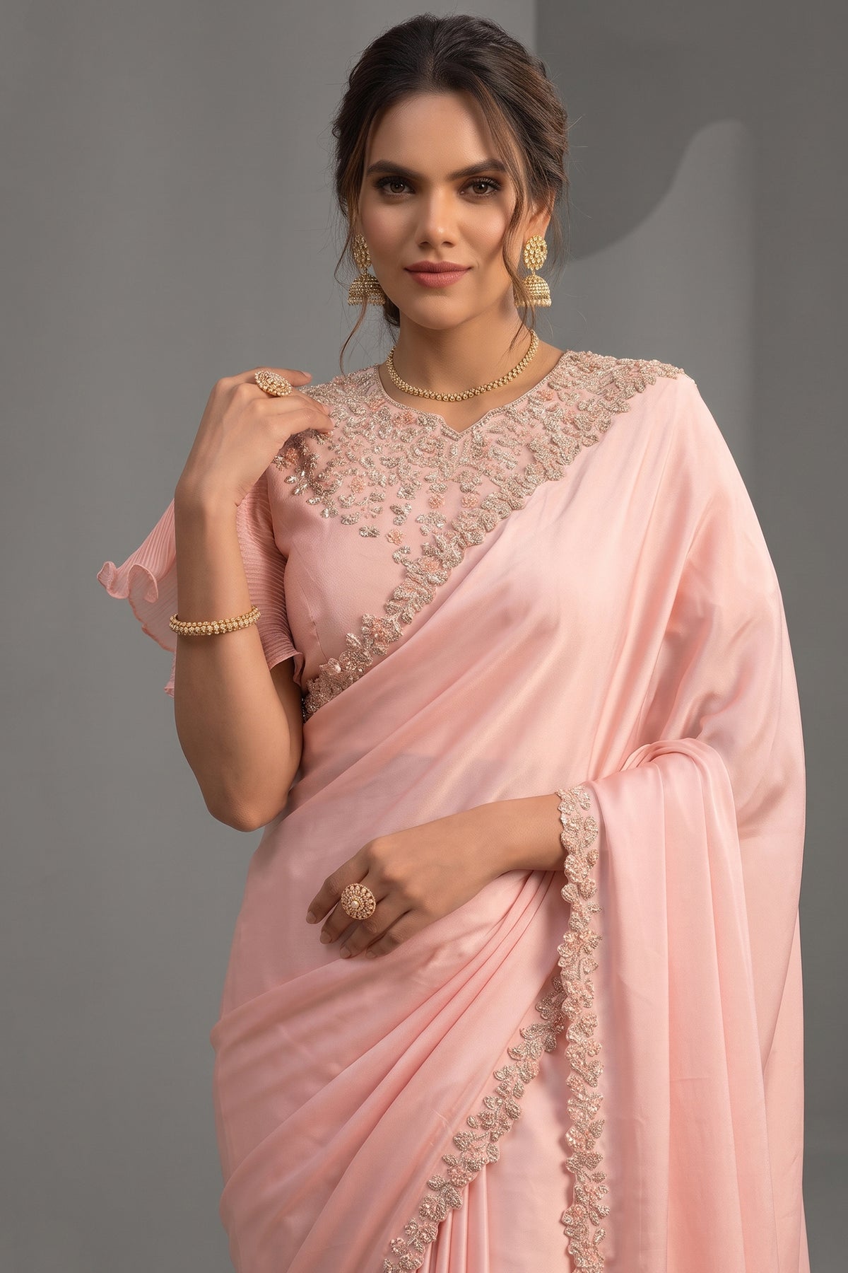Peach Crepe Satin Silk Saree Handwork and Sequins Detailing