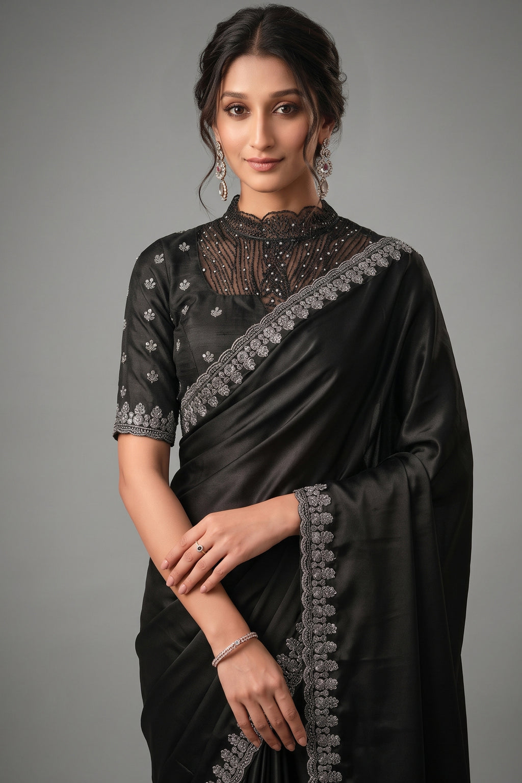 Black Crepe Satin Silk Saree with Sequins and Handwork