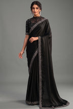 Black Crepe Satin Silk Saree with Sequins and Handwork