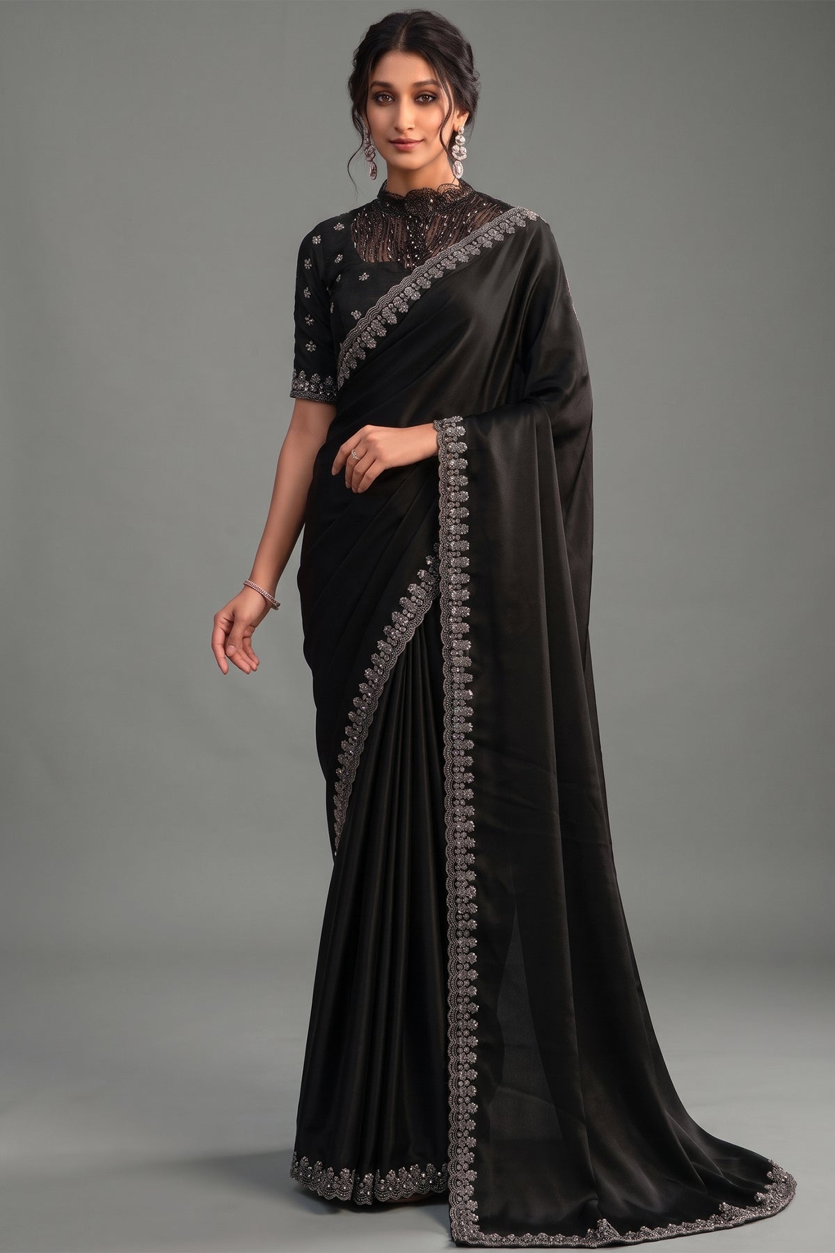 Black Crepe Satin Silk Saree with Sequins and Handwork