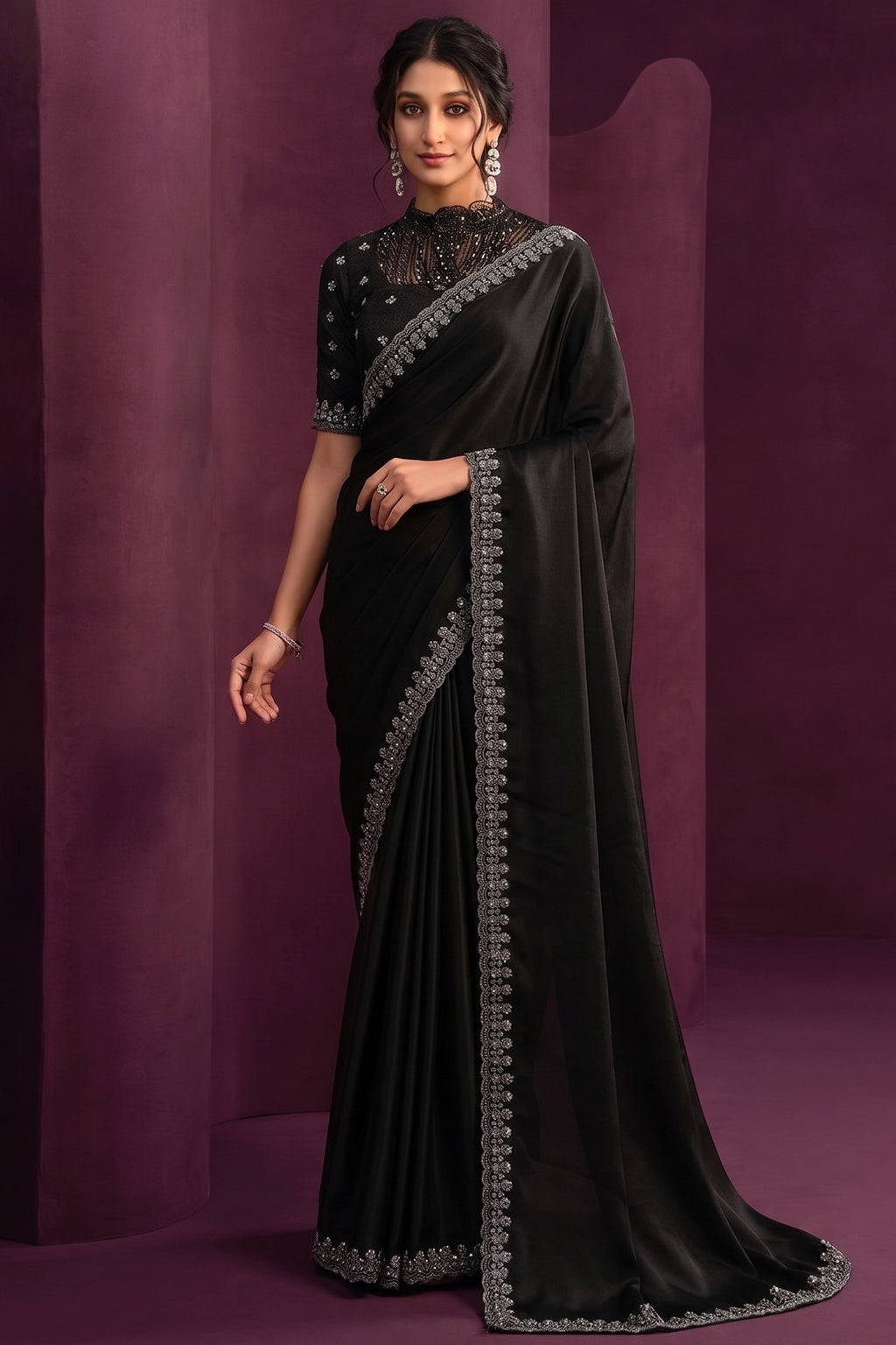 Black Crepe Satin Silk Saree with Sequins and Handwork