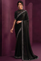 Black Crepe Satin Silk Saree with Sequins and Handwork