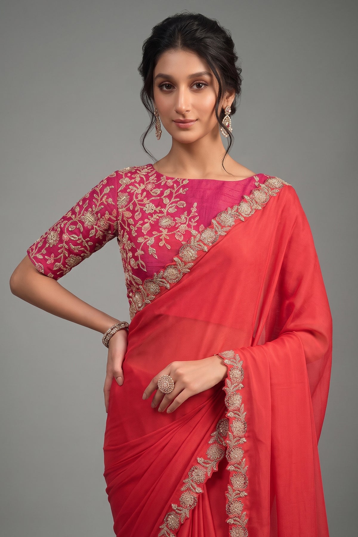 Red Two-Tone Silk Saree with Sparkling Sequins and Handwork
