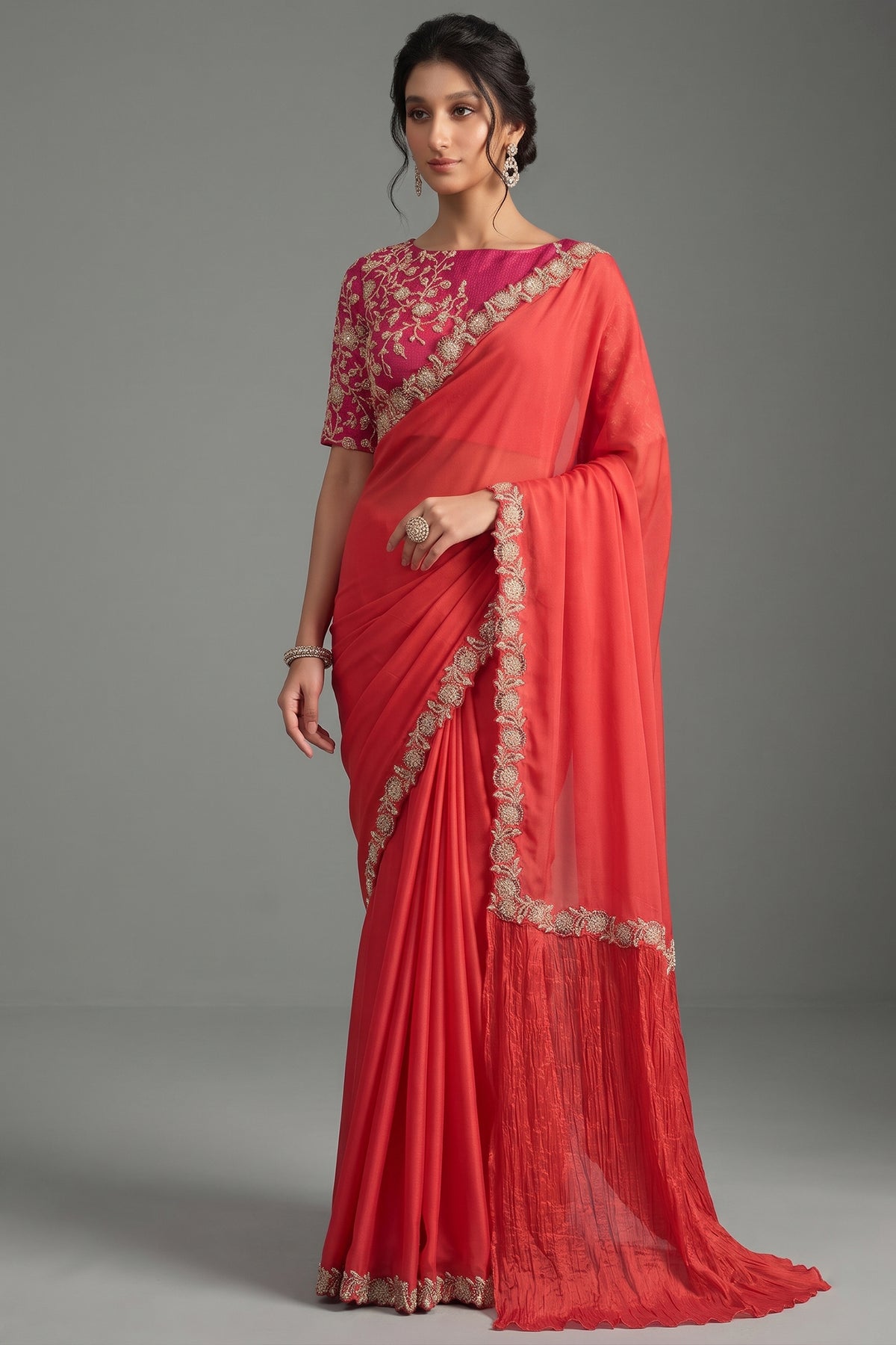 Red Two-Tone Silk Saree with Sparkling Sequins and Handwork