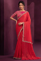 Red Two-Tone Silk Saree with Sparkling Sequins and Handwork