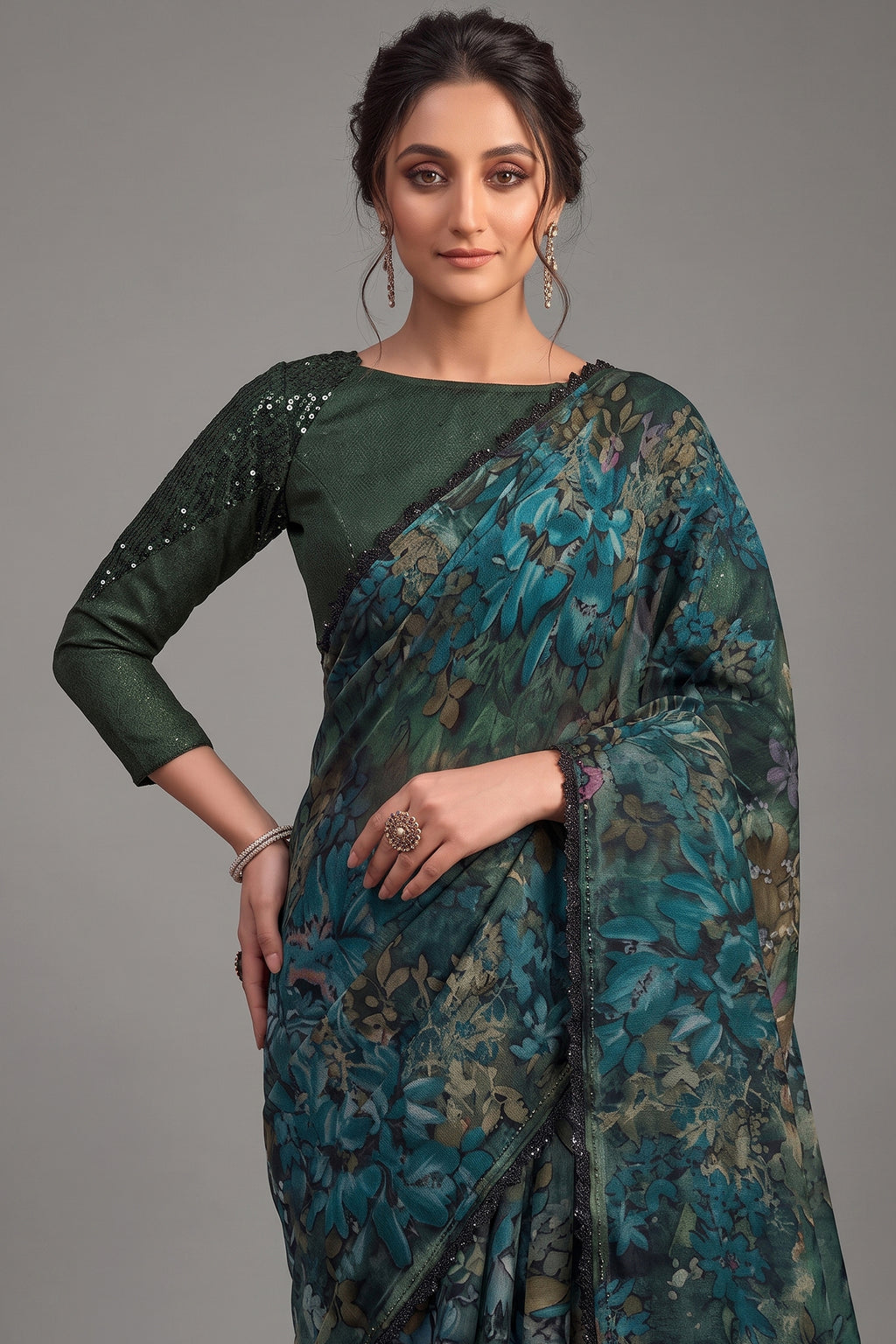 Deep Green Brasso Saree with Cut-Dana Handwork