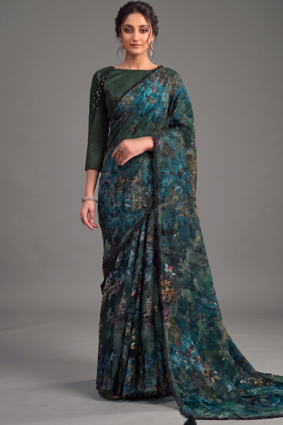 Deep Green Brasso Saree with Cut-Dana Handwork