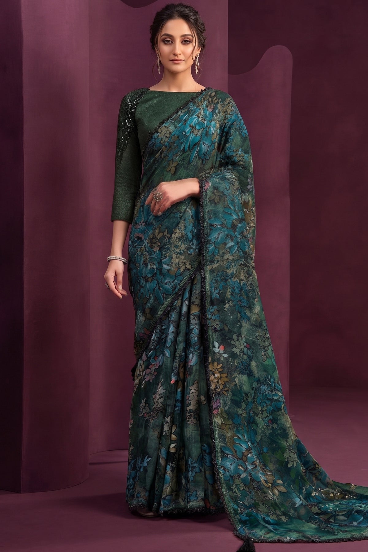 Deep Green Brasso Saree with Cut-Dana Handwork
