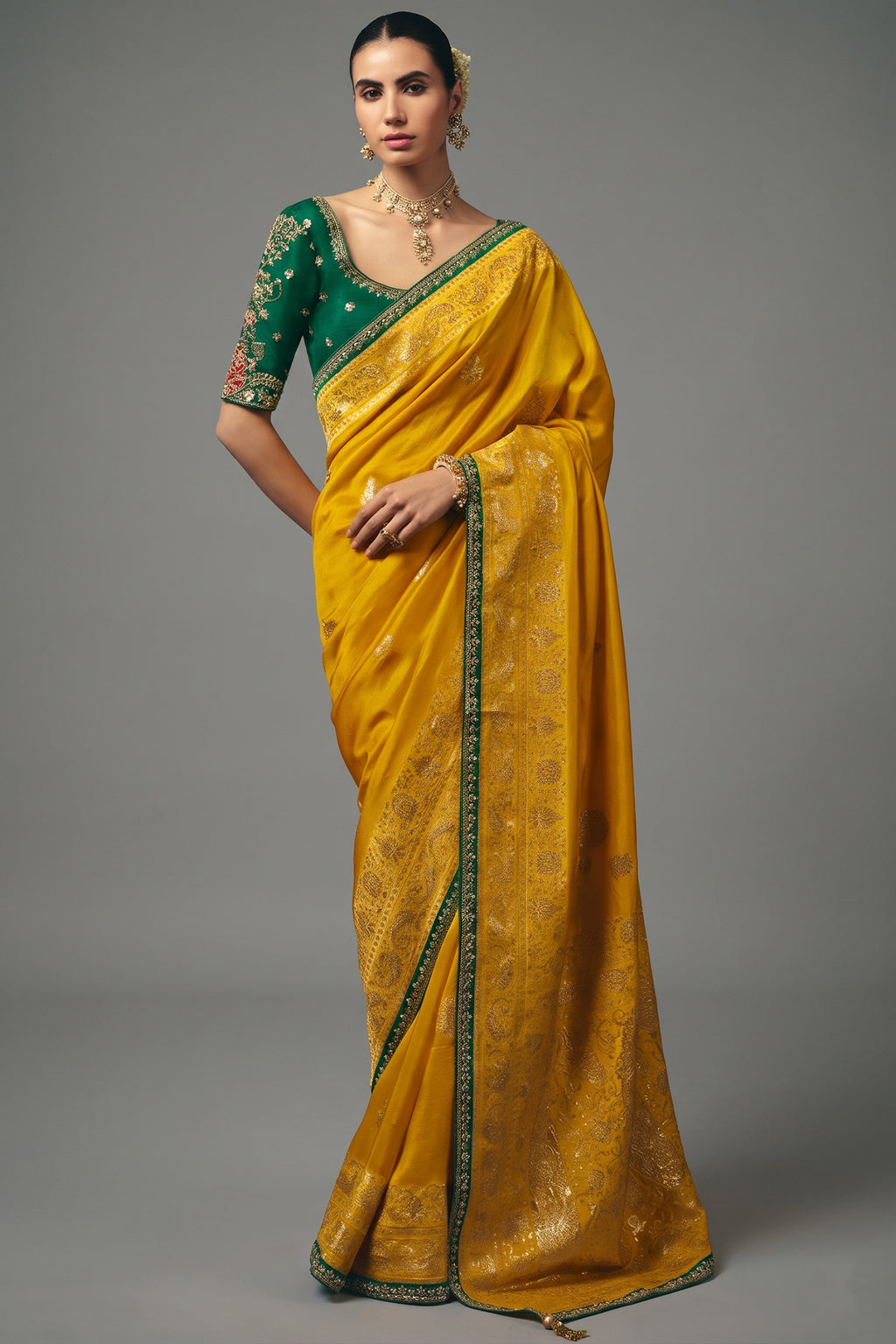 Mustard Yellow Dola Silk Saree with Intricate Weaving