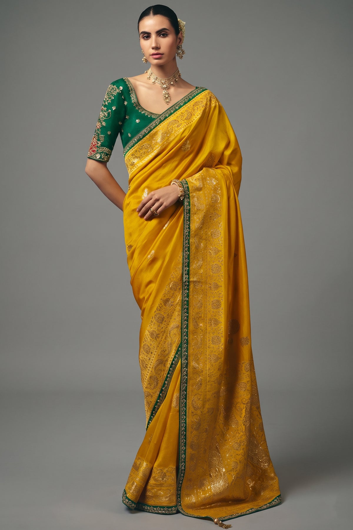 Mustard Yellow Dola Silk Saree with Intricate Weaving