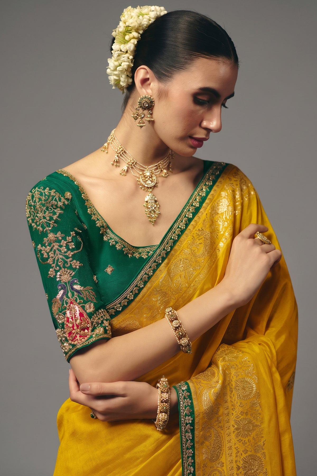 Mustard Yellow Dola Silk Saree with Intricate Weaving