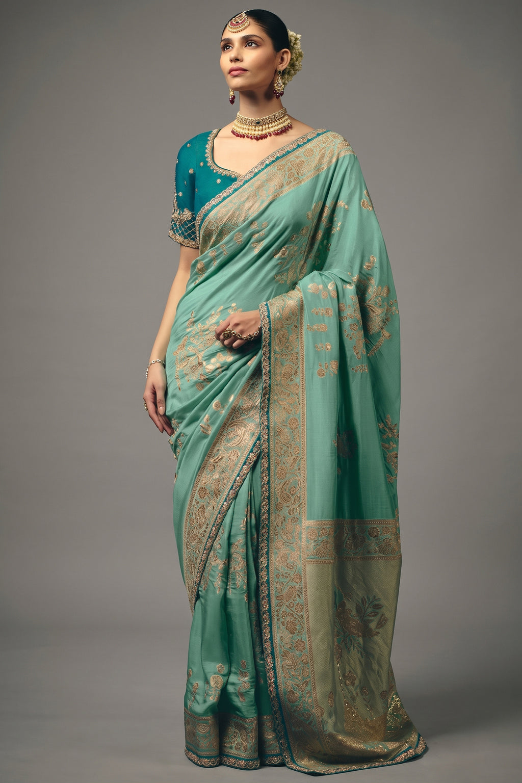 Soft Sea Green Dola Silk Saree with Weaving