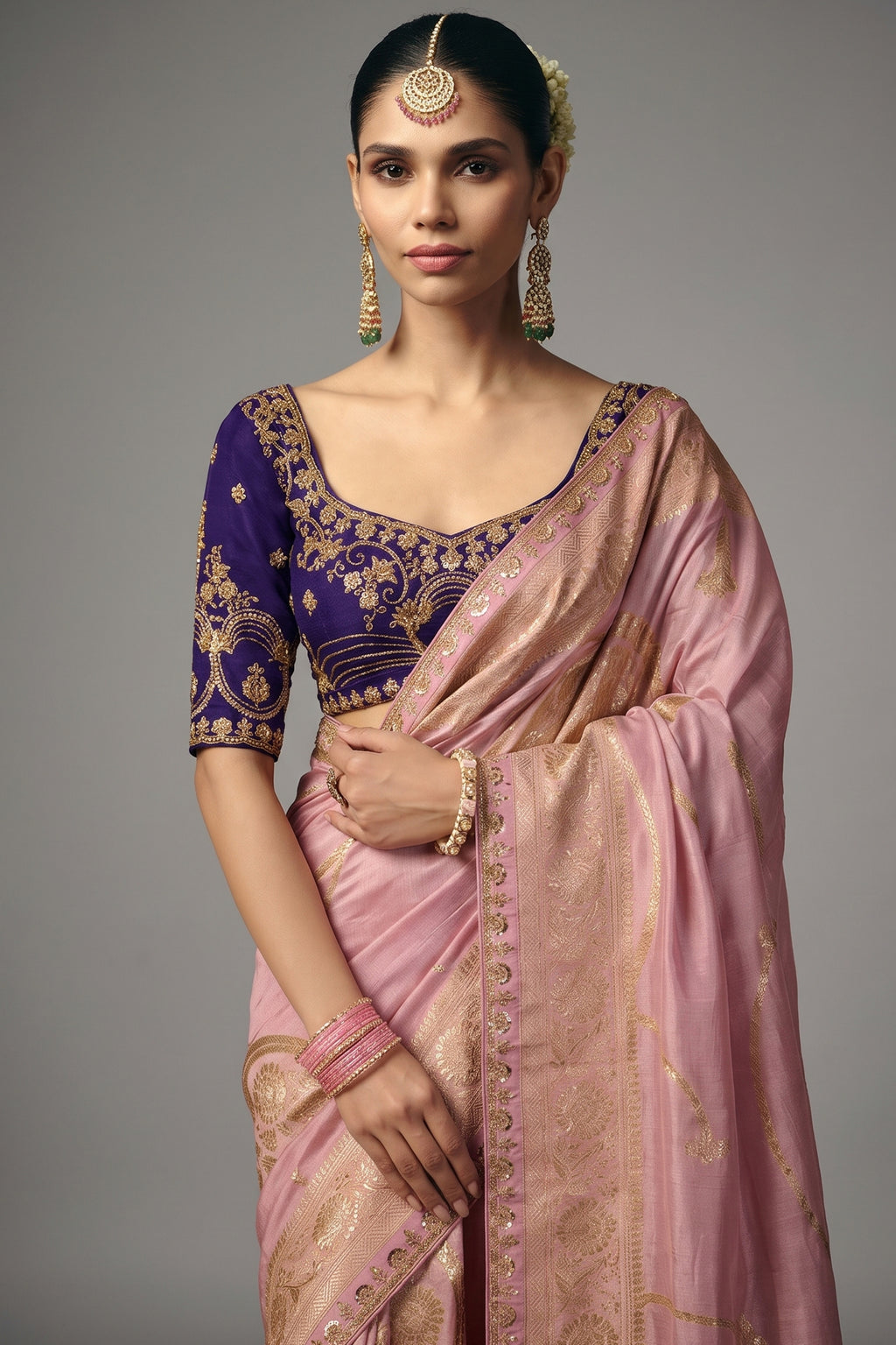 Lavender Dola Silk Saree with Handwork Border