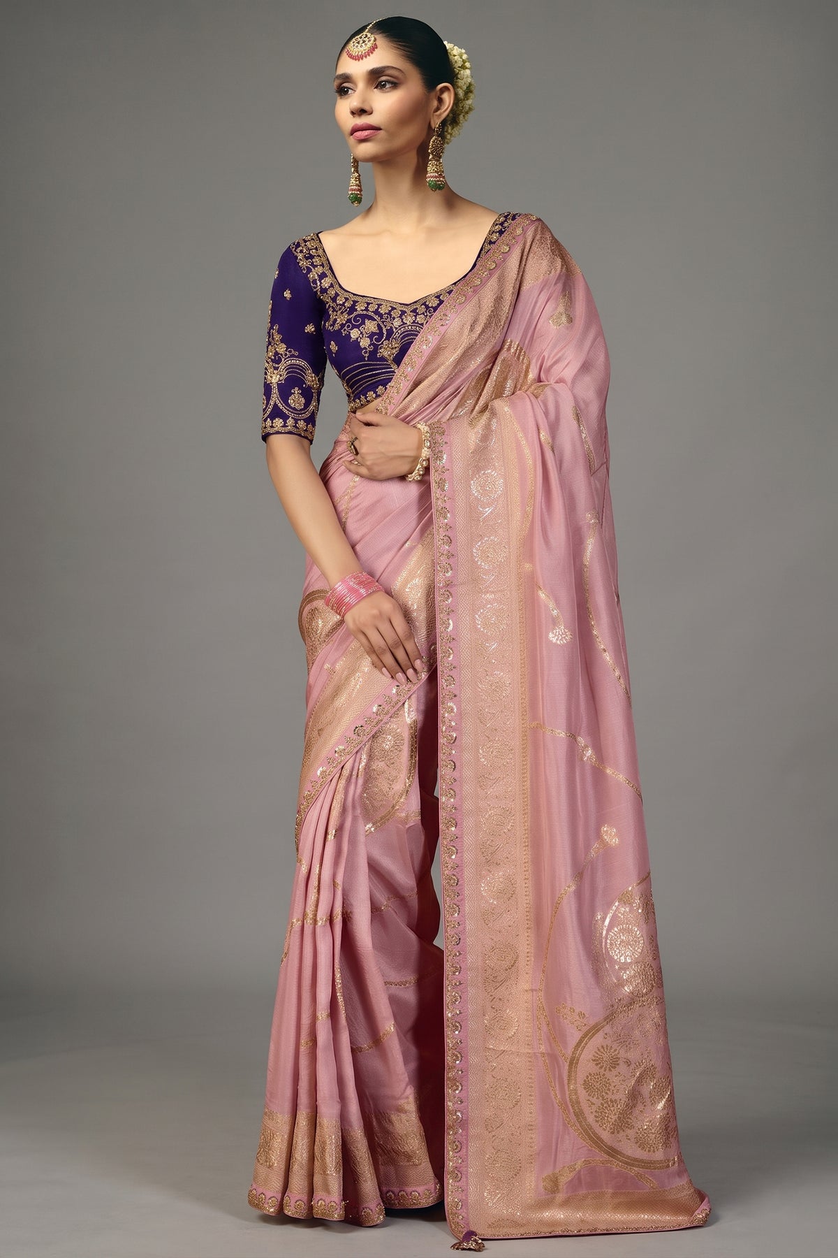 Lavender Dola Silk Saree with Handwork Border